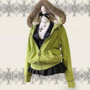 Y2K Green tea fur hooded zip up jacket